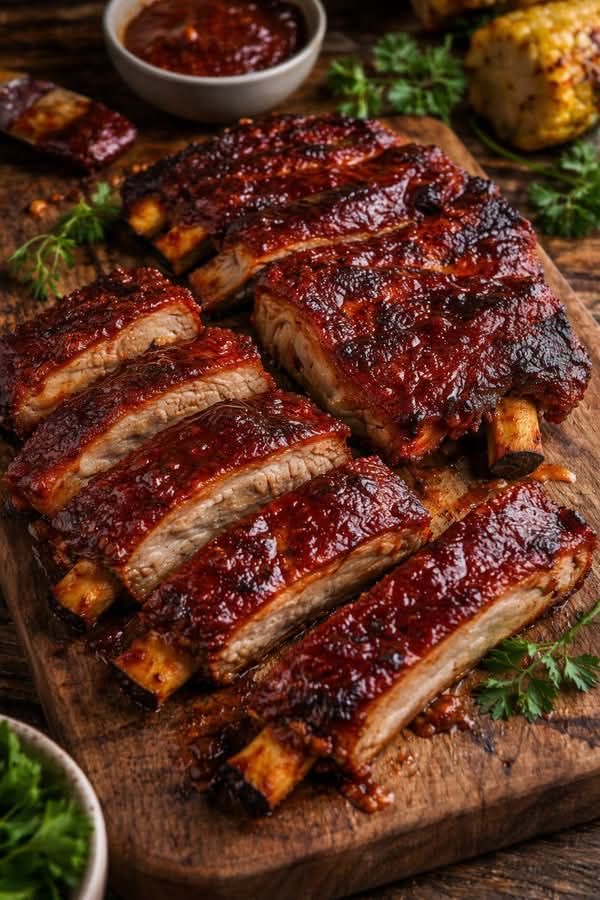 Flame-glazed BBQ pork ribs on a wooden board