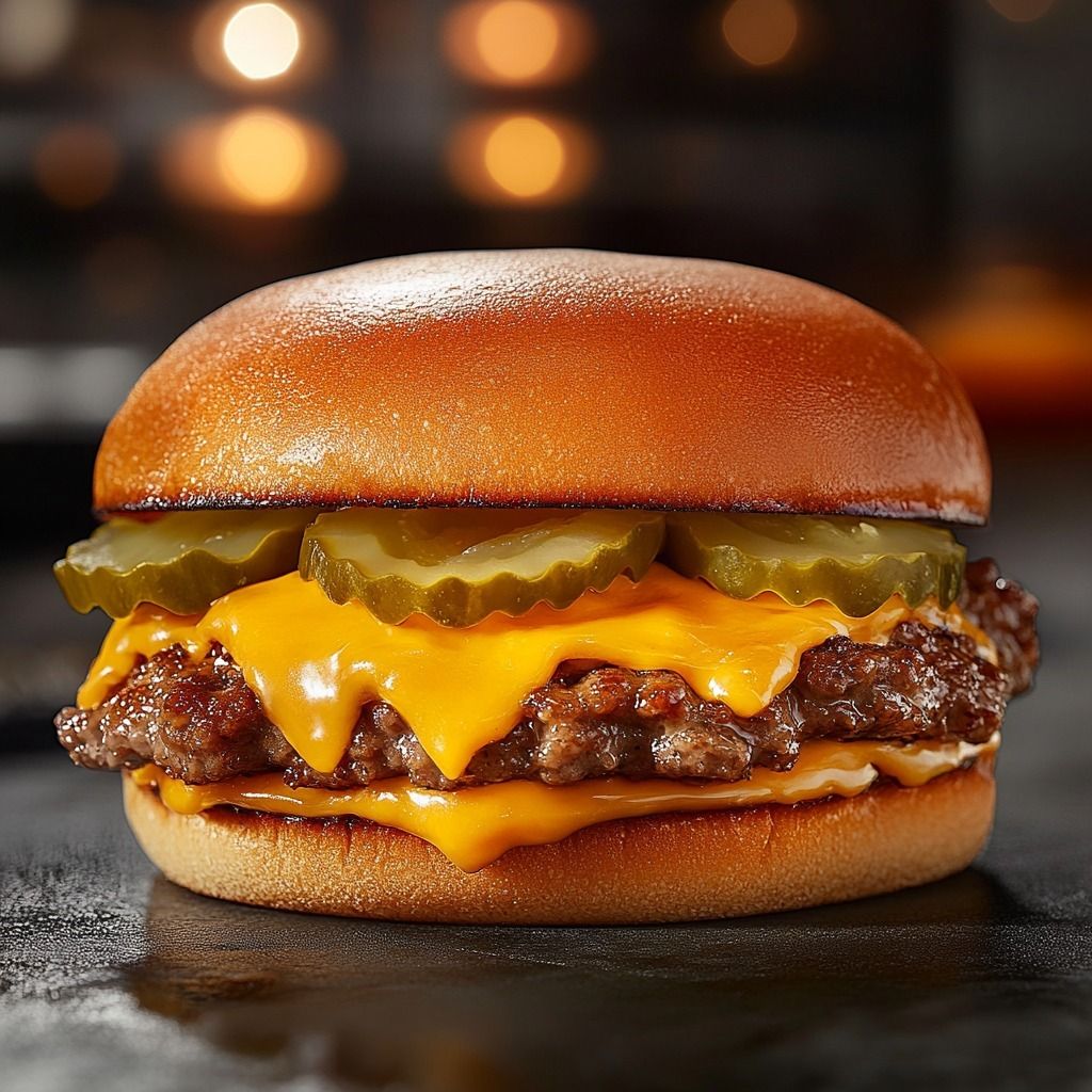 Flame-grilled cheeseburger with melted cheese and pickles