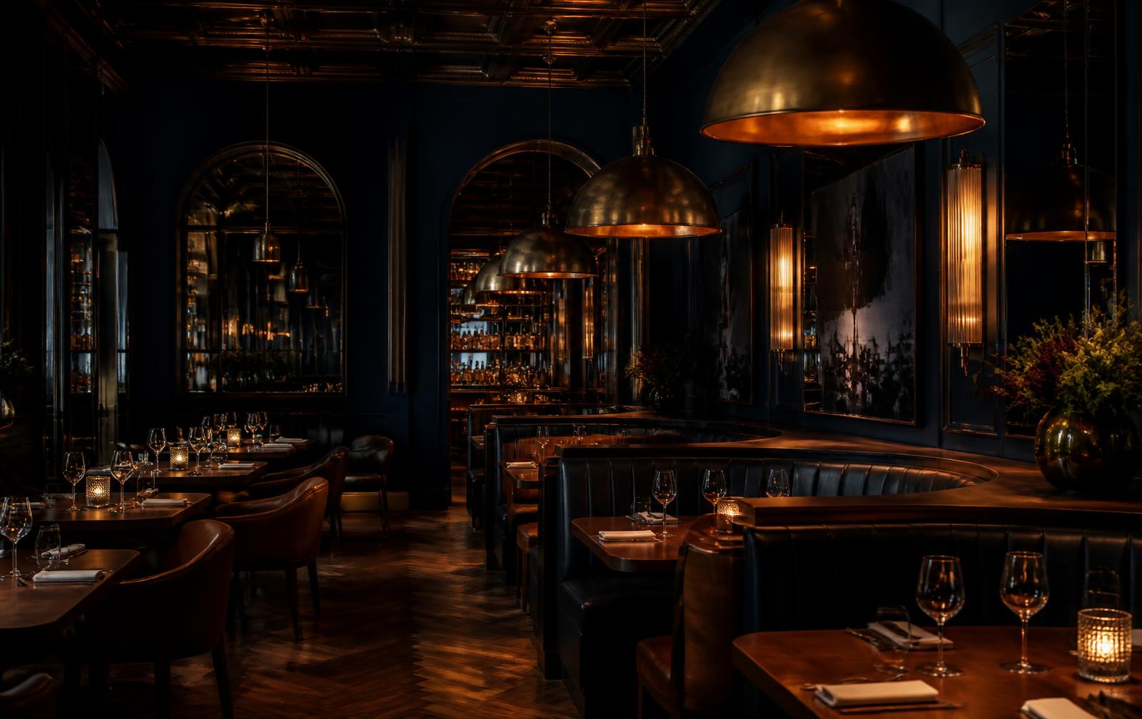 Dark, warmly lit dining room concept with navy walls, timber and brass lighting